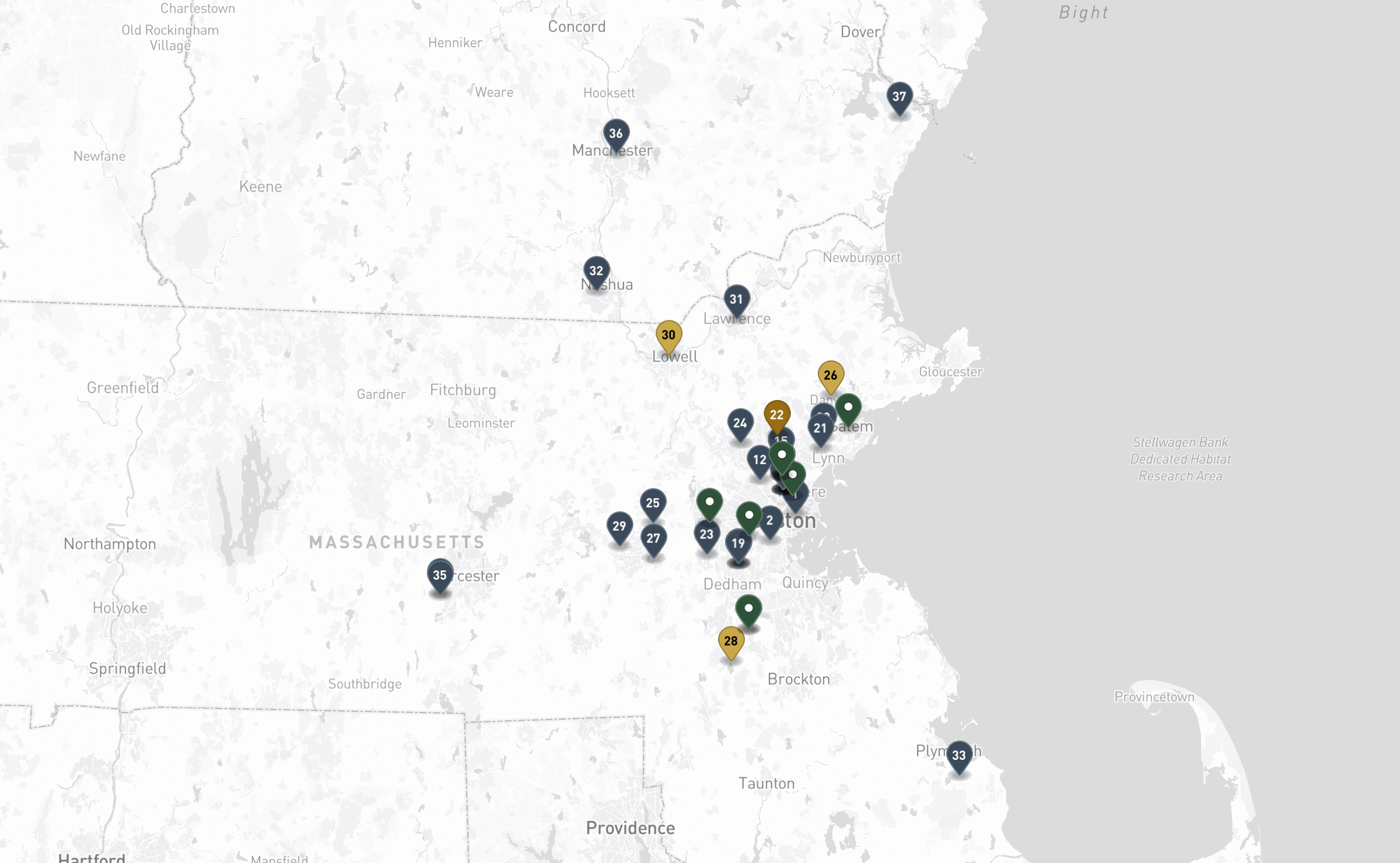 Map of the Jewish cemeteries and funeral homes in Greater Boston