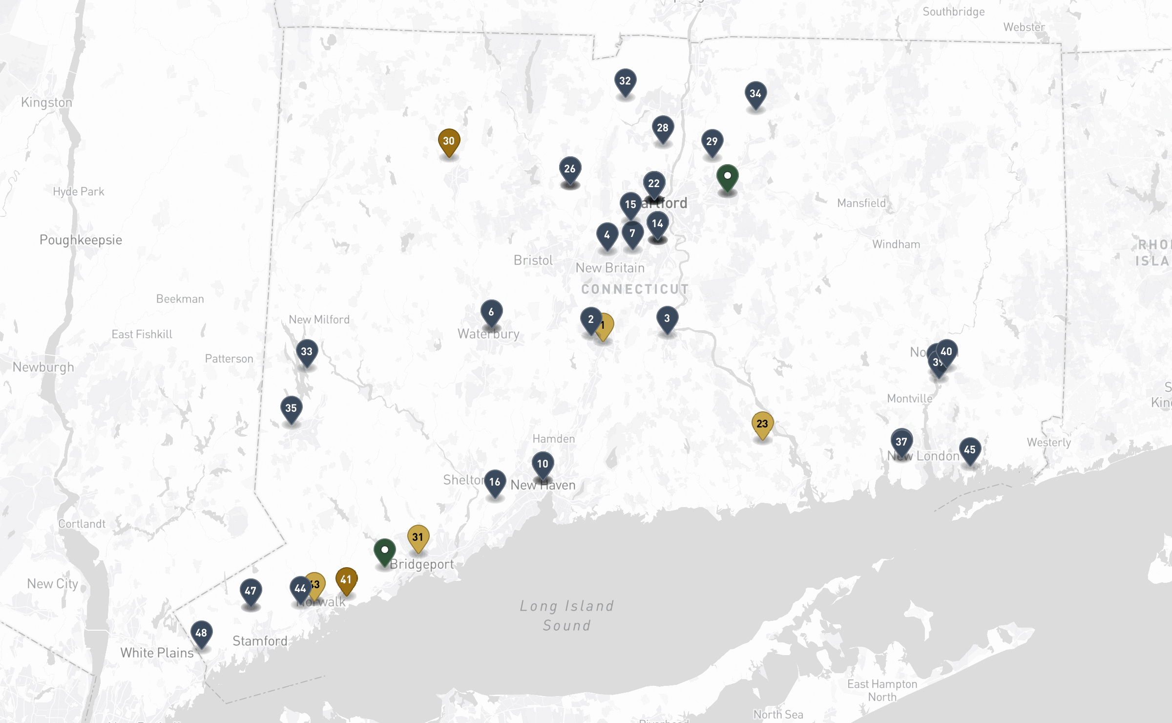 Map of the Jewish cemeteries and funeral homes in Hartford & New Haven