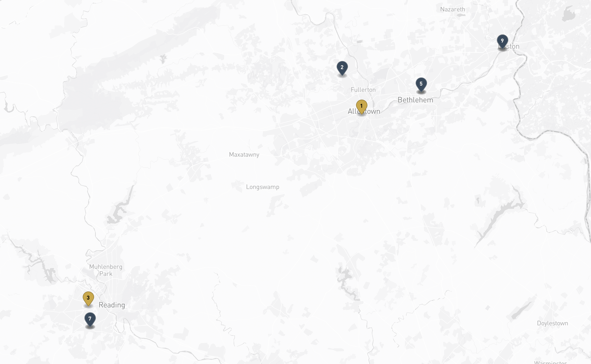 Map of the Jewish cemeteries and funeral homes in Lehigh Valley & Reading
