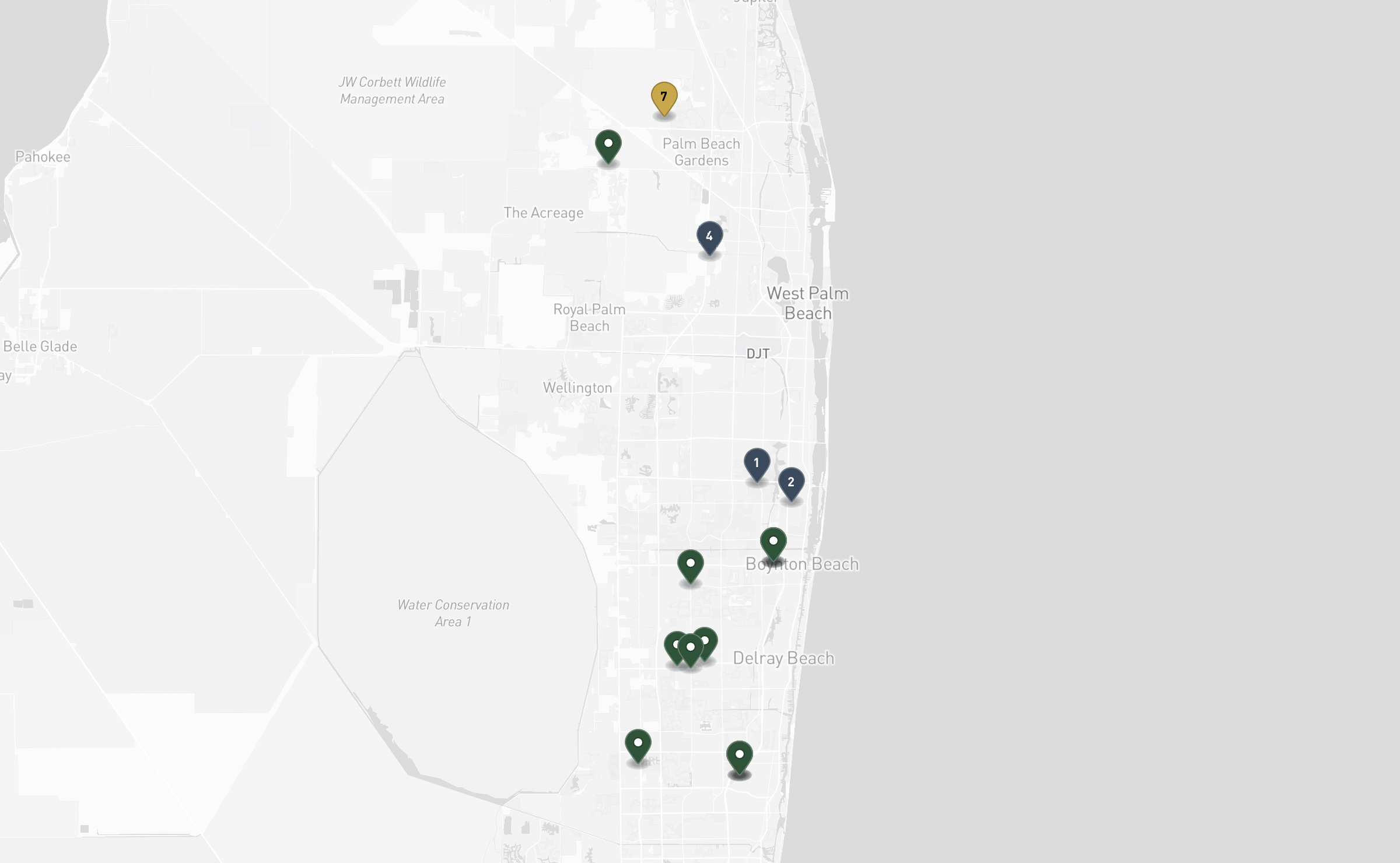 Map of the Jewish cemeteries and funeral homes in Palm Beach County