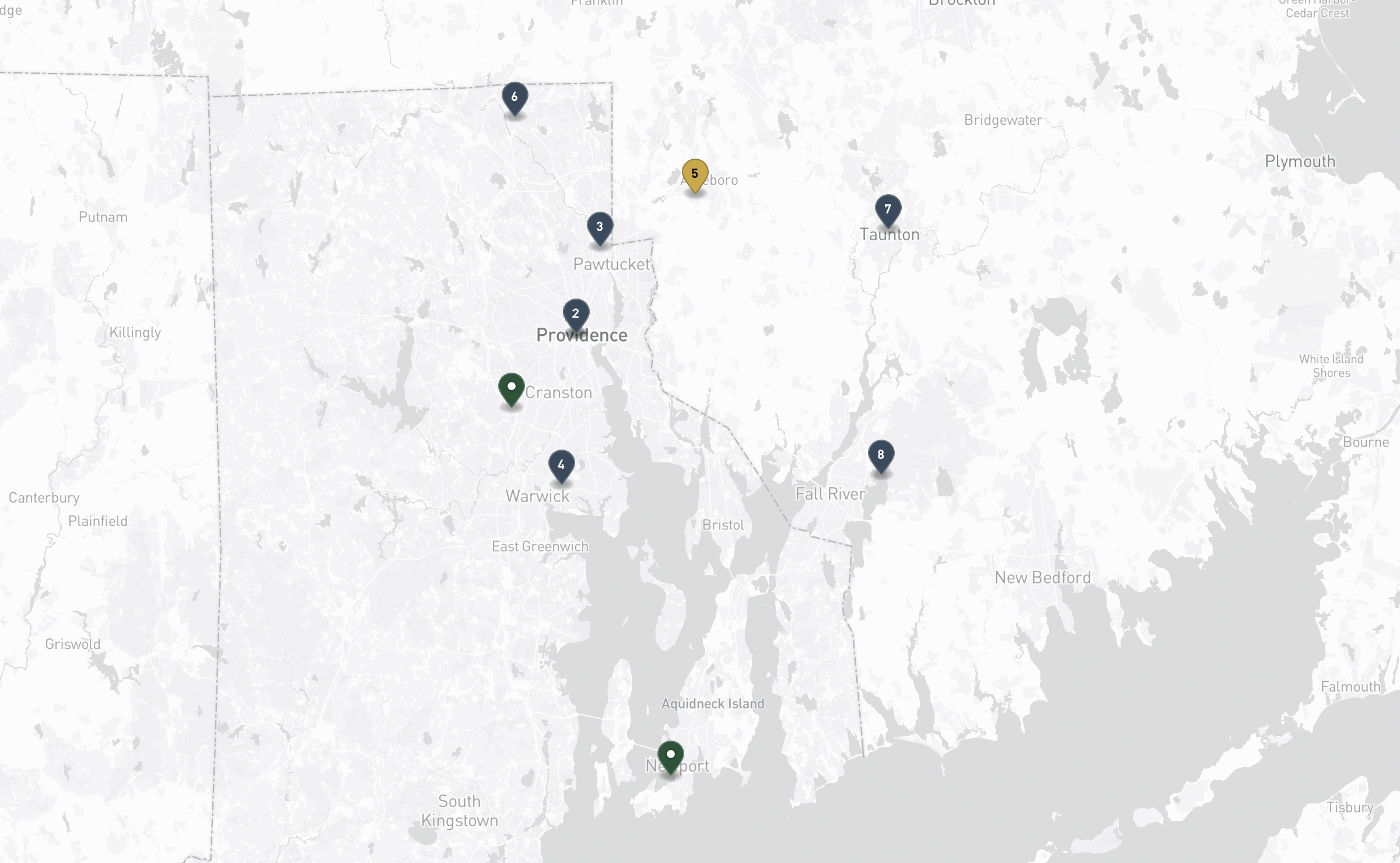 Map of the Jewish cemeteries and funeral homes in Rhode Island