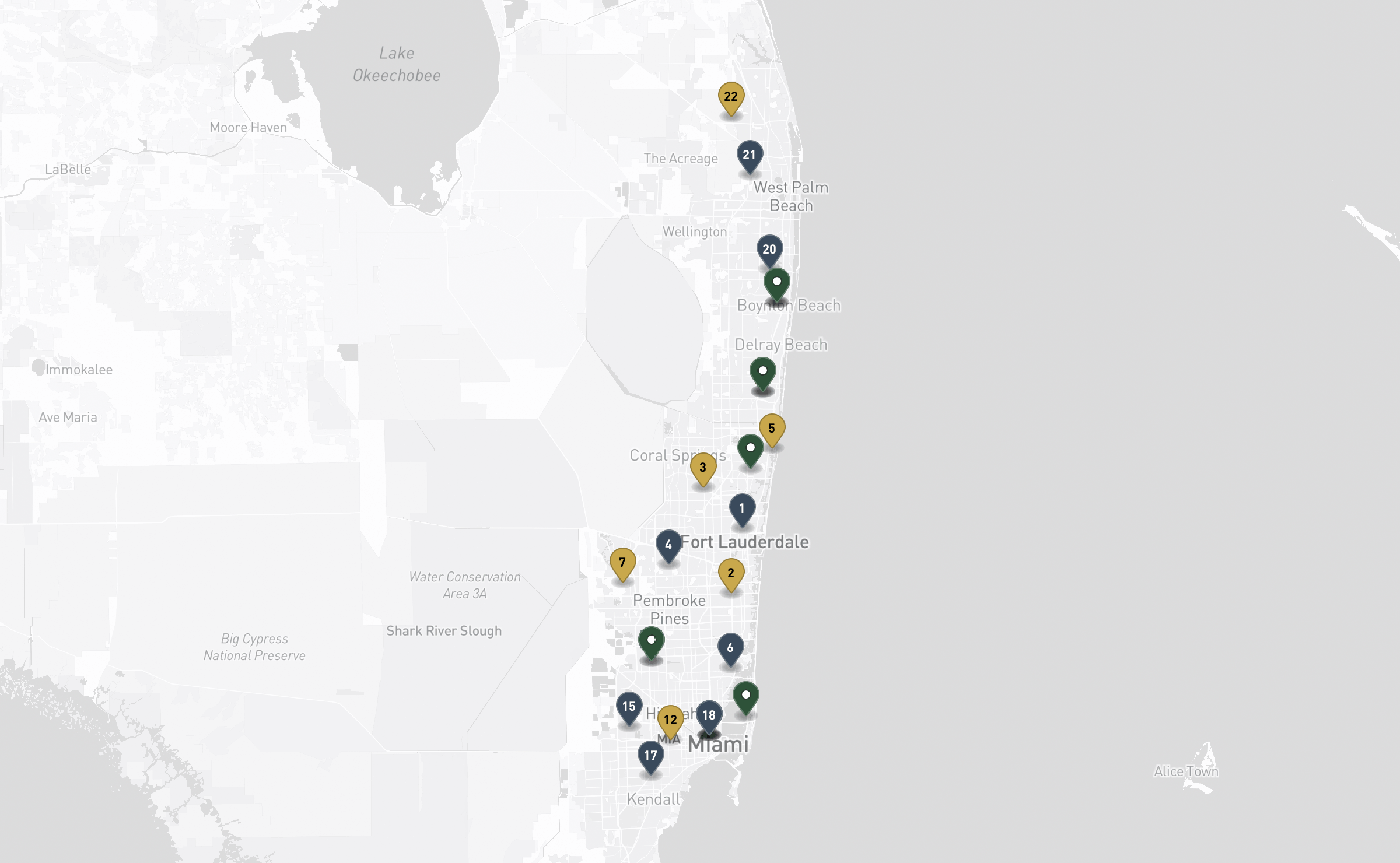 Map of the Jewish cemeteries and funeral homes in South Florida